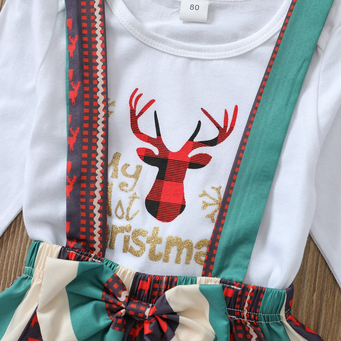 White letter deer long sleeved Khaki creeper striped suspender skirt