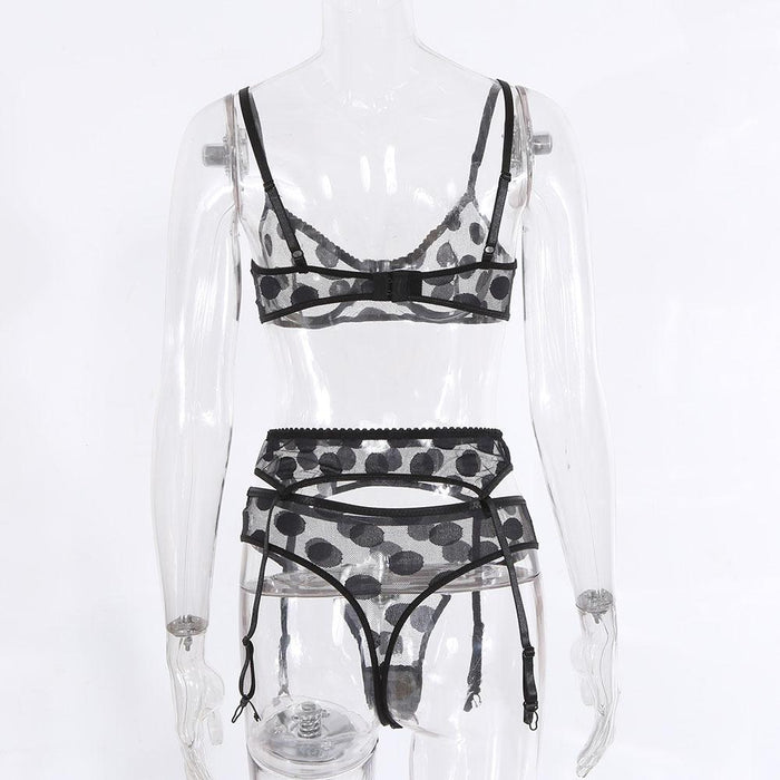 Sexy Mesh Lingerie Fashion Dot Underwear Three-piece Set