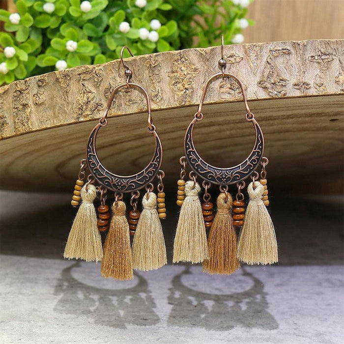 Tassel Vintage Wooden Beads Woven Geometric Hollow Earrings Jewelry