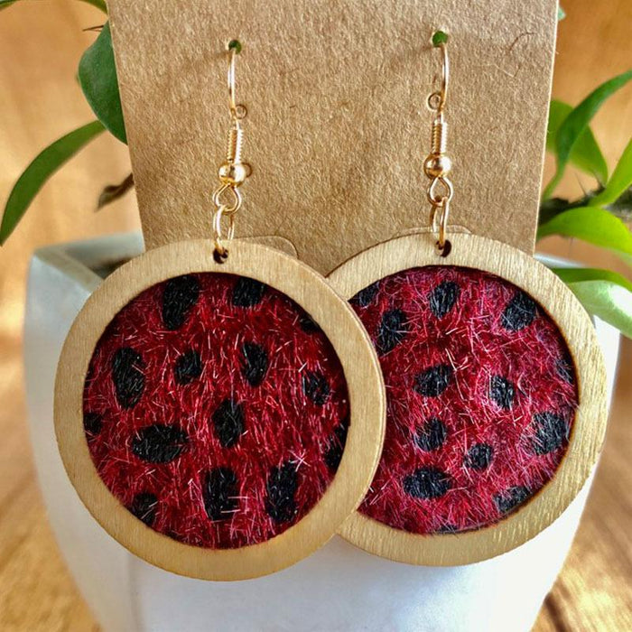 Vintage Western Leopard Leather Wood Women's Earrings
