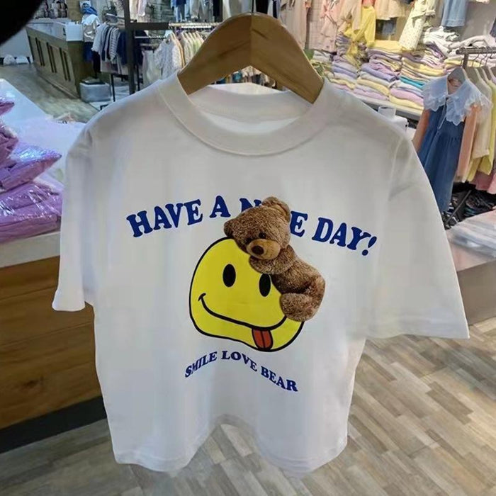 Smiling face round neck cotton T-shirt 3-8 years old children