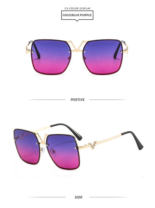 Square metal sunglasses V-shaped diamond inlay