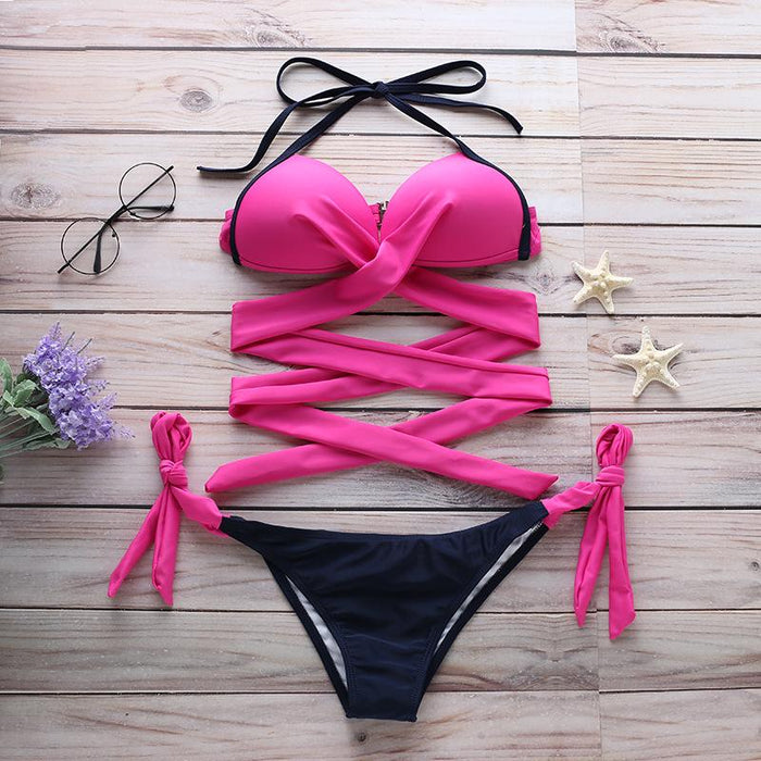 Candy Colored Chest Cross Bra Hard Wrapped Bikini