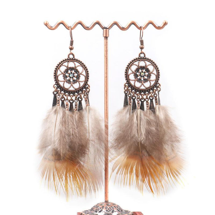 Fashion Flower Alloy Feather Chain Tassel Earrings