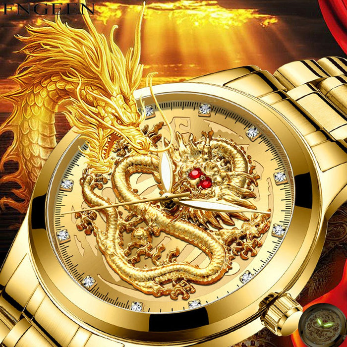 FNGEEN Brand Men Watch 3D Dragon Face Luxury Gold Male Quartz Watch