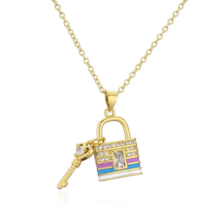 Drip Oil Zircon Key Lock Pendant Gold Color Necklace