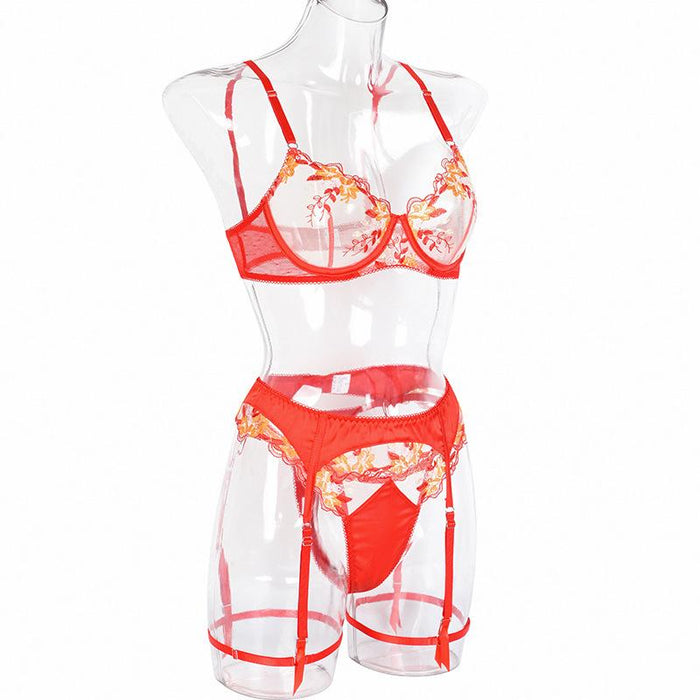 Red Embroidered Lingerie Lace Underwired Push Up Underwear