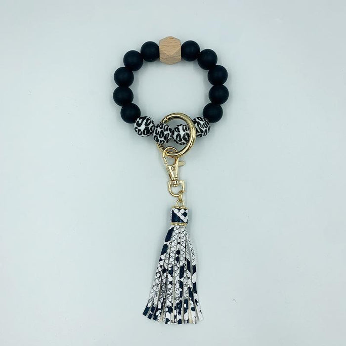 PU Leather Tassel Silicone Bead Bracelet Keychain