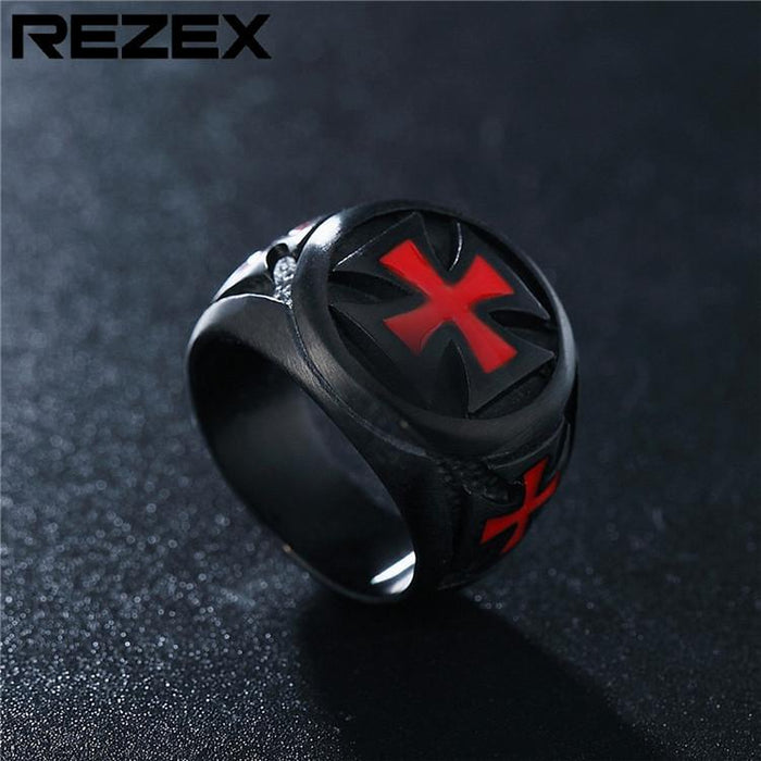 Personality Retro Punk Red Cross Frame Men's Black Titanium Steel Ring