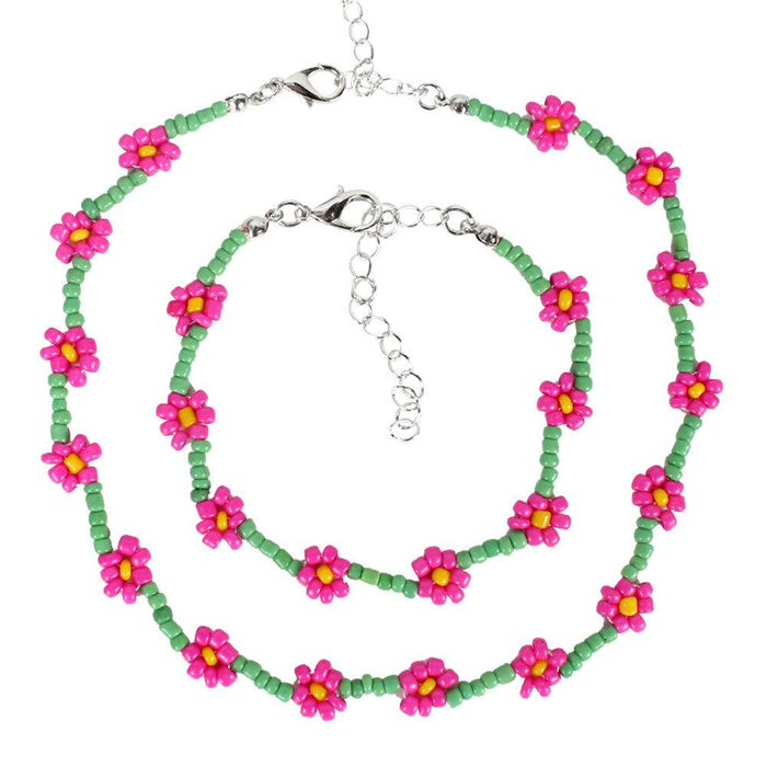 Women's Jewelry Creative Rice Bead Woven Flower Necklace Set
