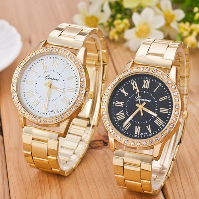 New Women Luxury Gold Quartz Stainless Steel Rhinestone Wristwatch