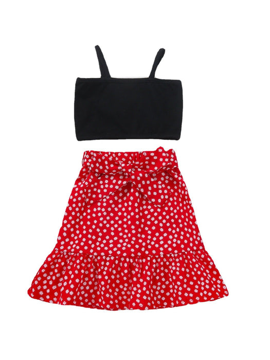 Solid color suspender Jacket Red Floral Lace Skirt A-line skirt two-piece set