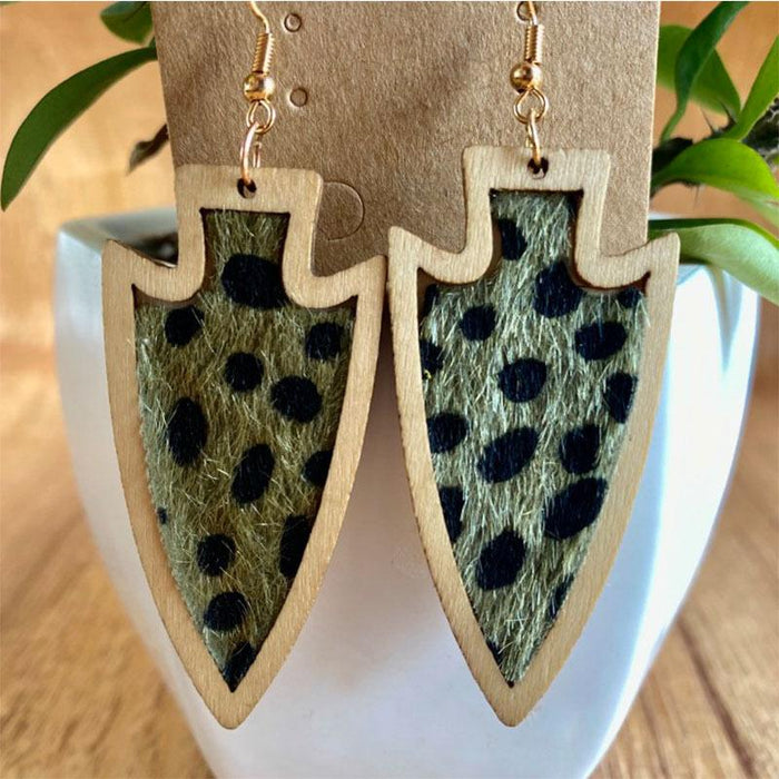Vintage Western Leopard Leather Wood Women's Earrings