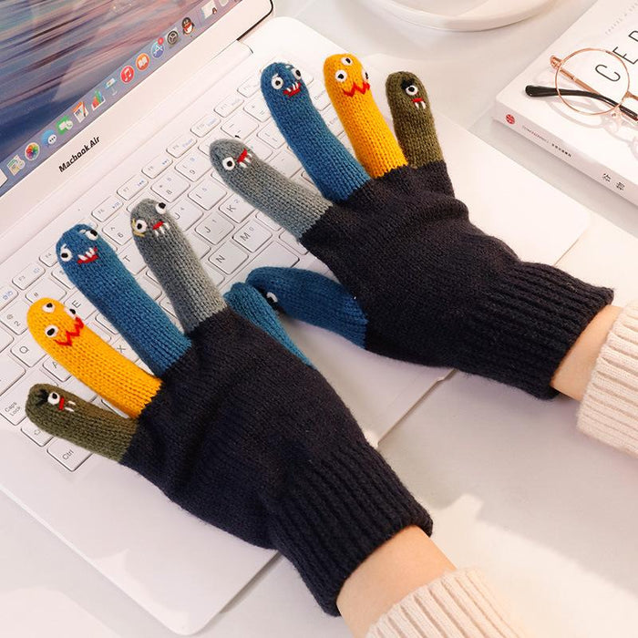 Knitted wool gloves women cute cute cute funny face Japanese autumn and winter touch screen warm five fingers driving cold