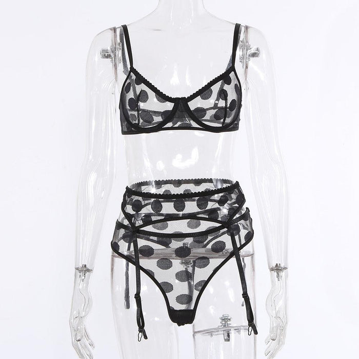Sexy Mesh Lingerie Fashion Dot Underwear Three-piece Set