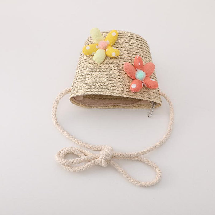 Summer Trendy Flower Streamer Children's Straw Hat Bag Set
