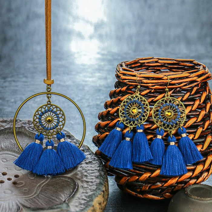 Bohemian Necklace Earring Set Handmade Tassel Hollowed Out Pendant