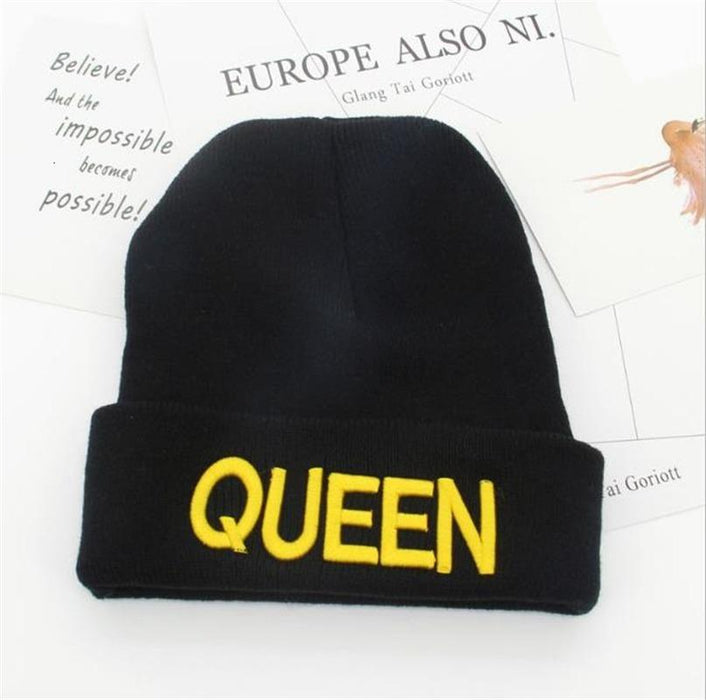 Beanies KING QUEEN Letter Embroidery Warm Hat
