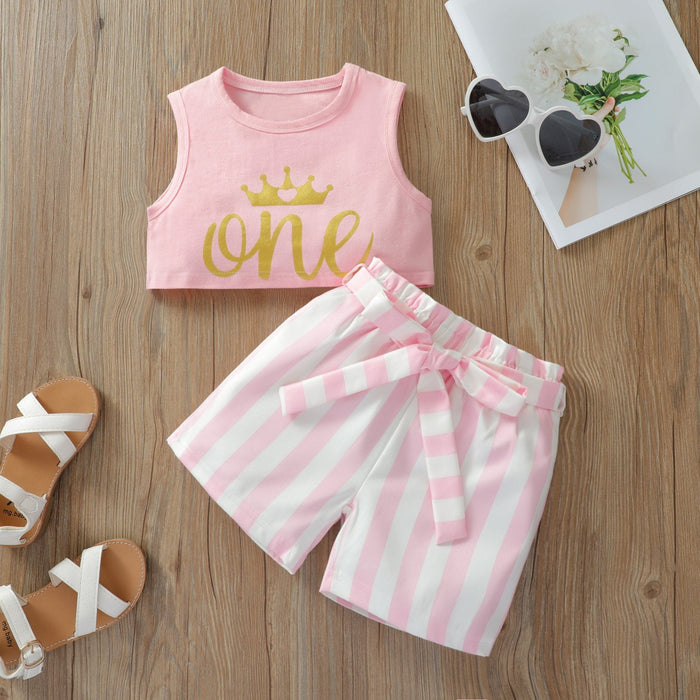 Solid colour letter printed vest short shirt fashion stripe bow two piece set