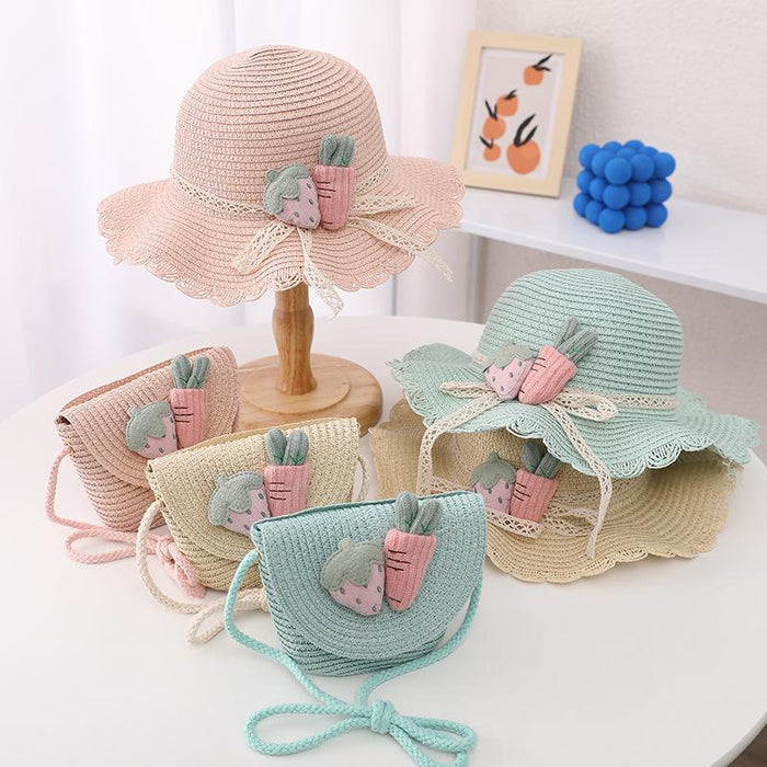 Cute Strawberry Radish Children's Wavy Straw Hat Bag Set