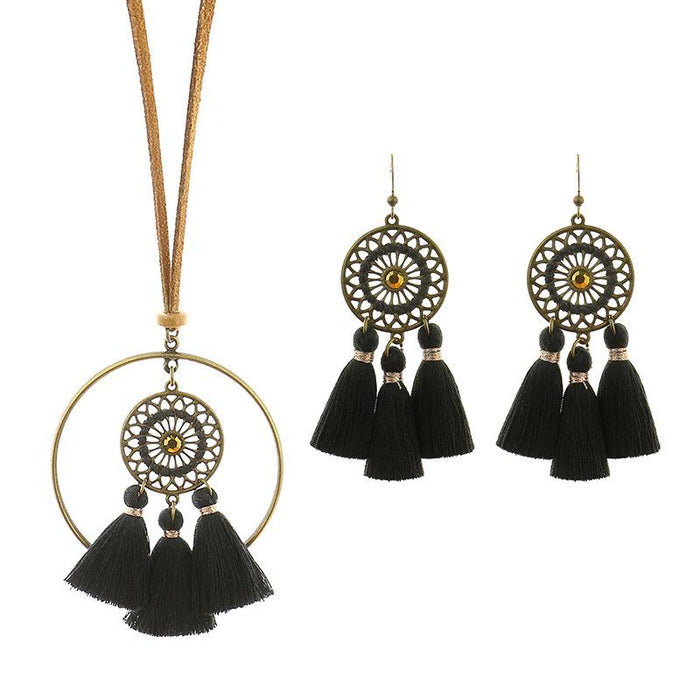 Bohemian Necklace Earring Set Handmade Tassel Hollowed Out Pendant