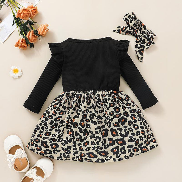 Gilrs Leopard Long Sleeve Skirt with Headband