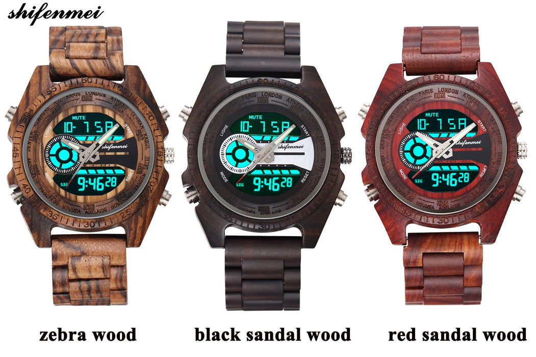 New LCD Dual Display Electronic Outdoor Sports Luminous Wooden Watch