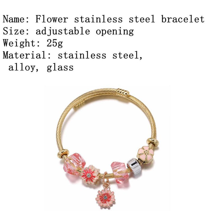Open Stainless Steel Drop Oil Flower Pendant Bracelet