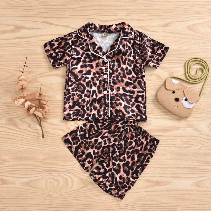 Thin home pajamas suit leopard Shirt Top Shorts two pieces