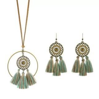 Bohemian Necklace Earring Set Handmade Tassel Hollowed Out Pendant