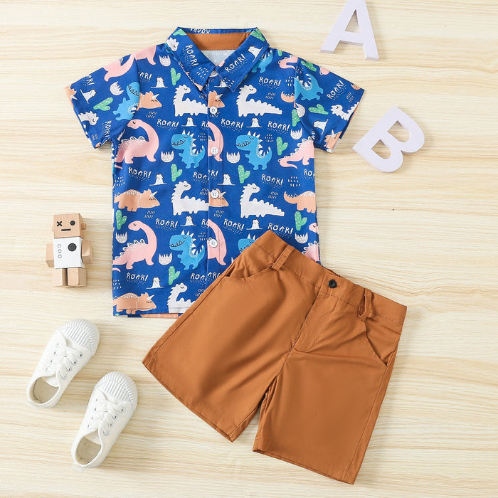 Boy's Dinosaur Printed Short Sleeved Shirt Two-piece Set