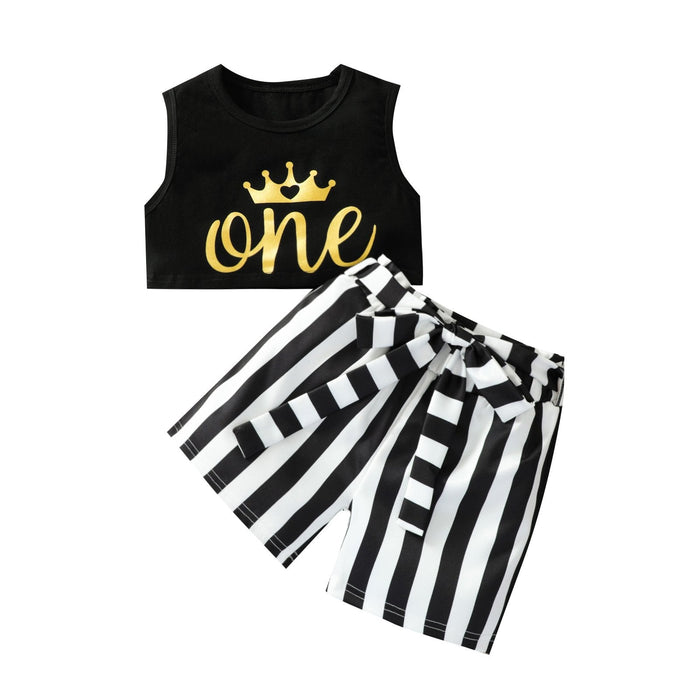 Solid colour letter printed vest short shirt fashion stripe bow two piece set