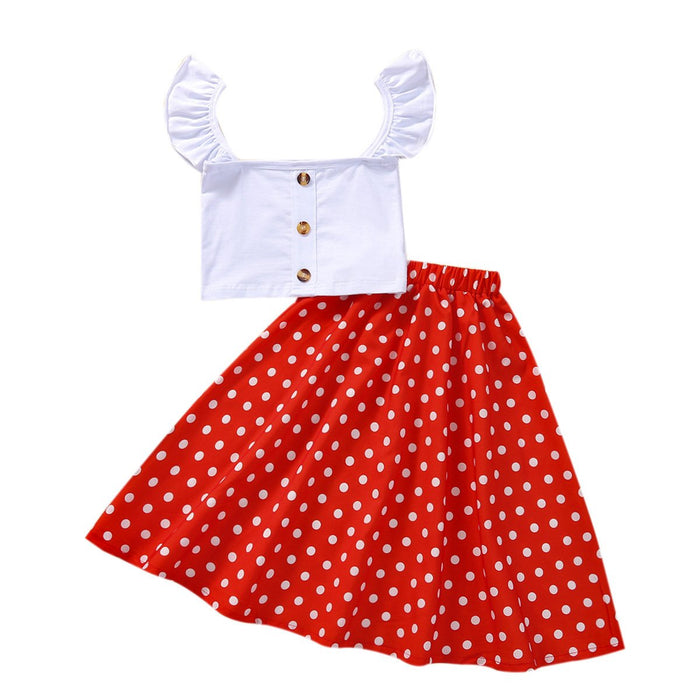 White blouse red dot pleated skirt two piece suit