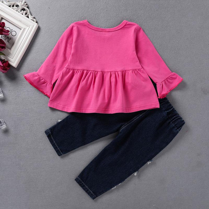 Solid colour long sleeved shirt sun printed denim perforated pants hair band three piece set