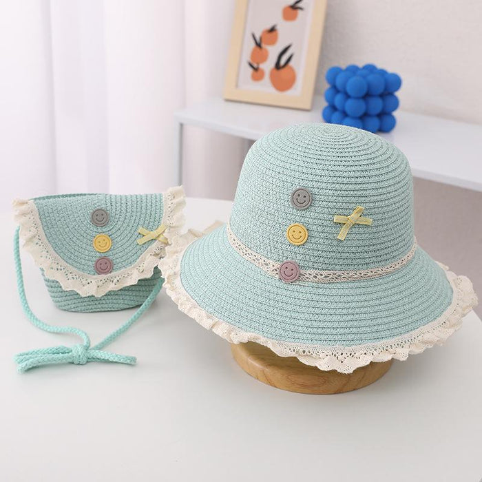 Trendy Three-color Button Children's Lace Straw Hat Bag Set