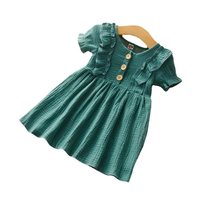 Cotton linen short sleeve stitched girls dress