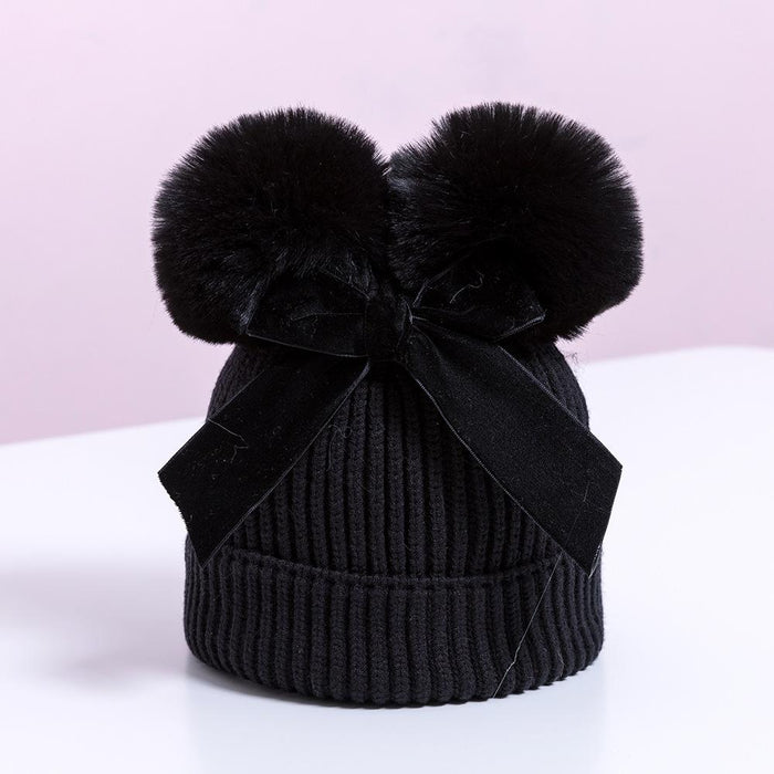 Double Plush Ball Kids Thickened Knit Bow Hat