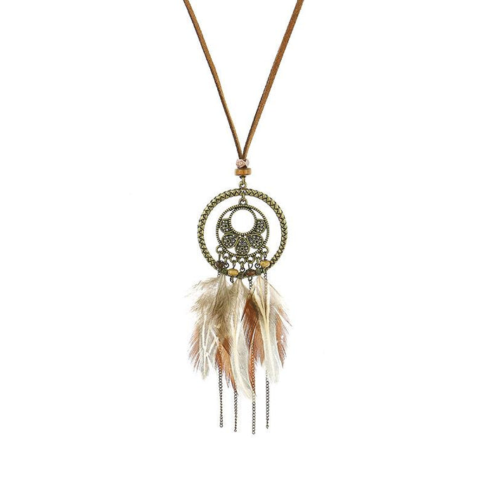 Boho Vintage Feather Tassel Dream Catcher Necklace