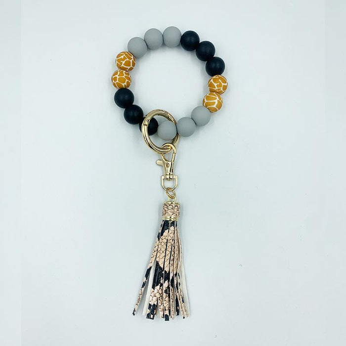 PU Leather Tassel Silicone Bead Bracelet Keychain