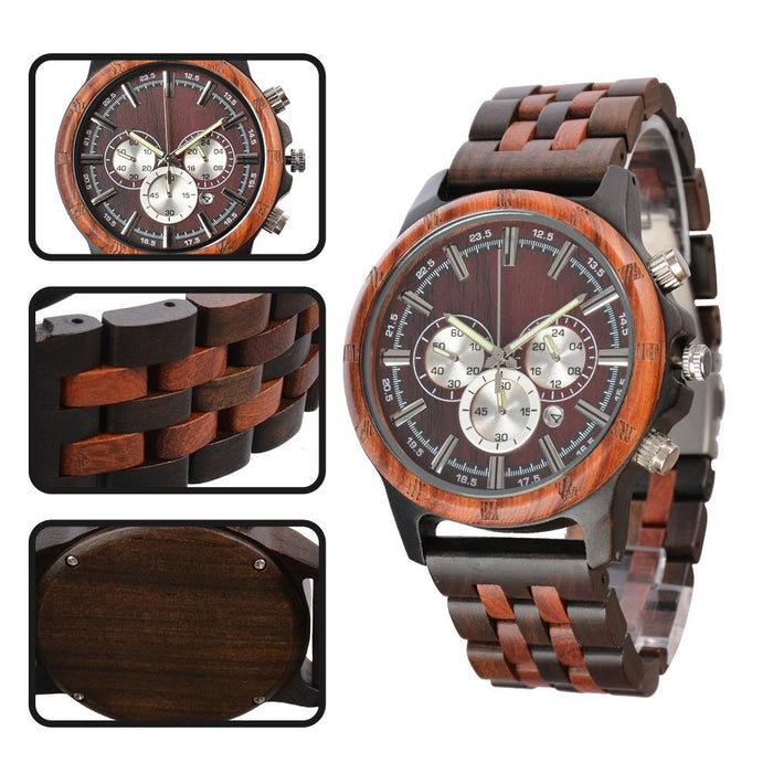 New Men's Multifunctional Business Luminous Large Dial Wood Quartz Watch