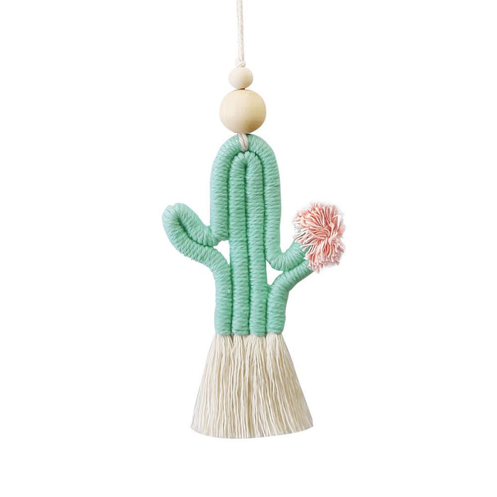Hand Woven Cactus Pendant Cotton Rope Wood Bead Tassel Pendant