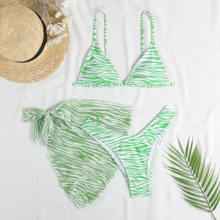 New Bikini Stripe Printed Split Swimsuit Three Piece Set