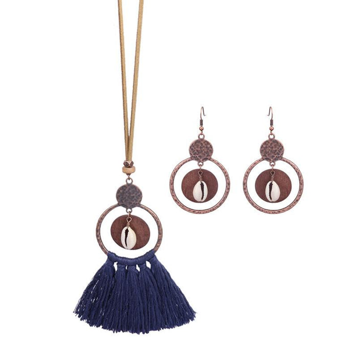 Women's Fashion Hollow Out Tassel Pendant Earring Necklace Set