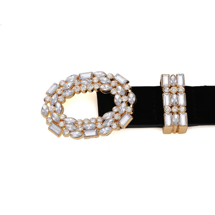 Hollow out alloy diamond studded belt snap suede belt