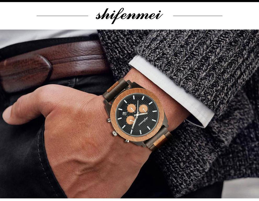 New Fashion Simple Men's Multifunctional Three Needle Wooden Watch