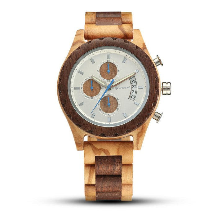 2022 New Three Eye Six Needle Men's Fashion Wood Quartz Watch