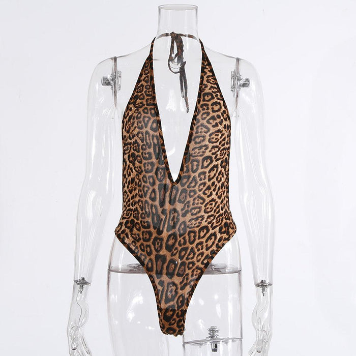 Women's Leopard Print Backless Lingerie Sexy Halter Bodysuit
