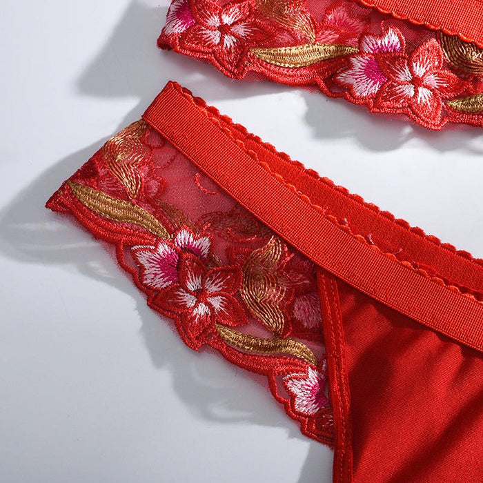 Women's Mesh Lace Underwear Embroidered Red Lingerie Set