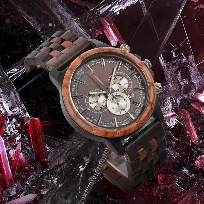 New Men's Multifunctional Business Luminous Large Dial Wood Quartz Watch