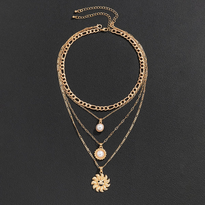 Mix and match multi-element temperament sunflower Pearl Pendant Necklace